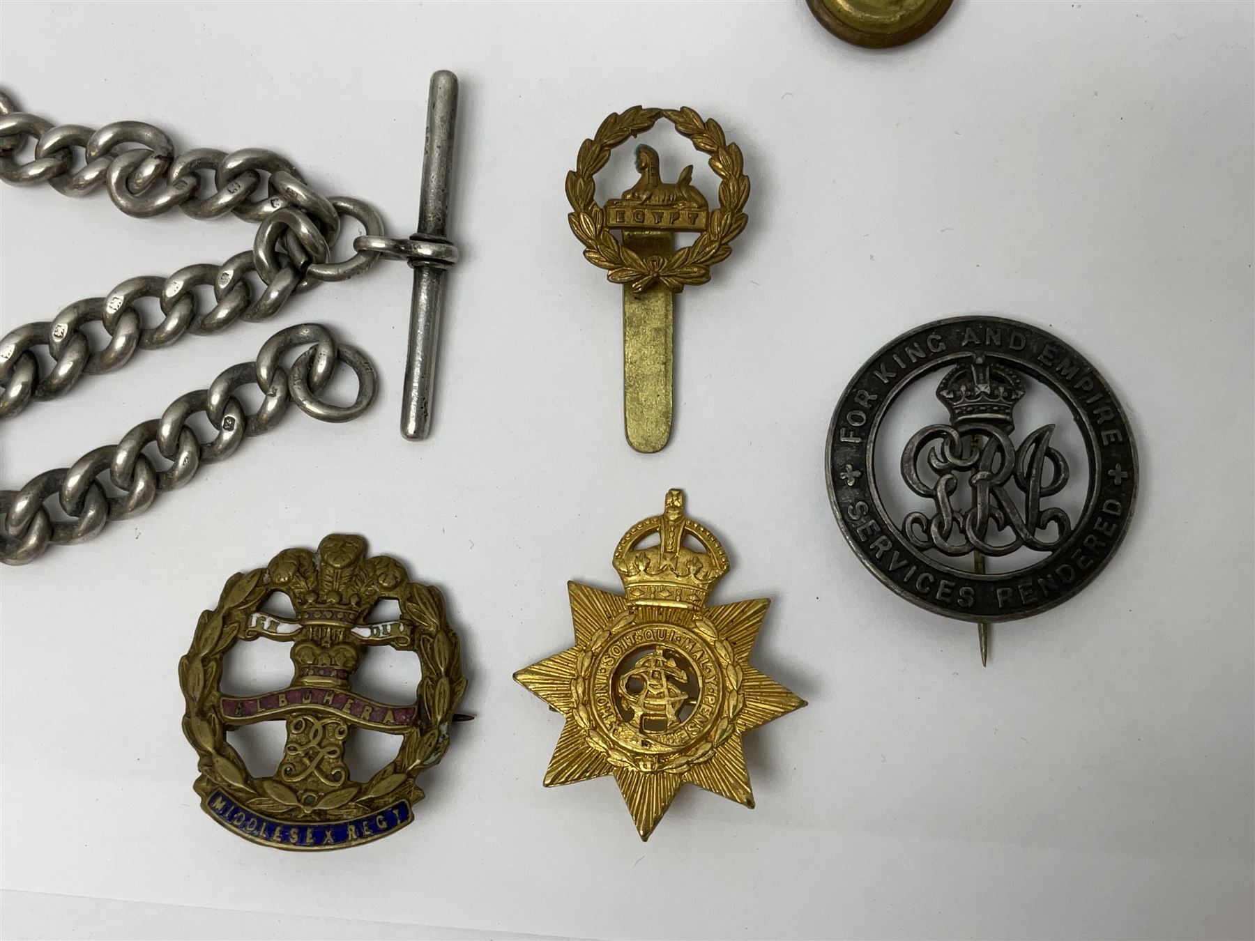 Two Services Rendered badges Nos.B23060 and B201341; two MSO BAOR (Mixed Services Organisation British Army of the Rhine) badges; small quantity of shoulder titles, lapel/sweetheart brooches, buttons and non-military related items