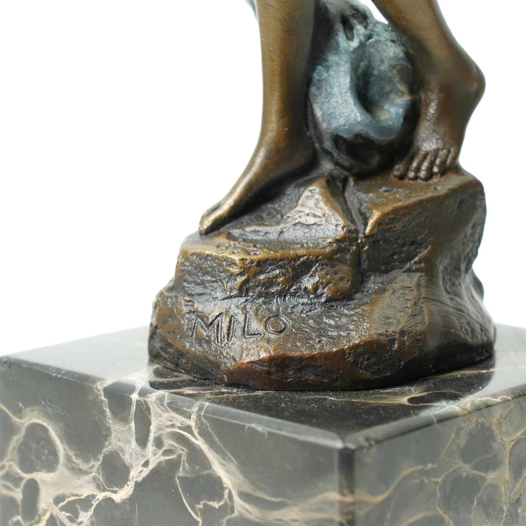 Art Nouveau style bronze figure of a dancing lady, signed Milo, on black marble base, H35cm