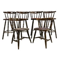 Set of four stained beech bar stools, on turned supports with upholstered seats (H108cm); together with a pair of beech framed chairs with upholstered seats (W55cm) (6)