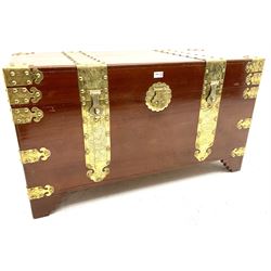 Brass bound camphor wood chest, single hinged lid, bracket supports