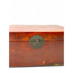 Pair of Chinese 18th century hand-painted leather-bound wooden trunks, each adorned with metal locks, twin carrying handles and patterned fabric-lined interior