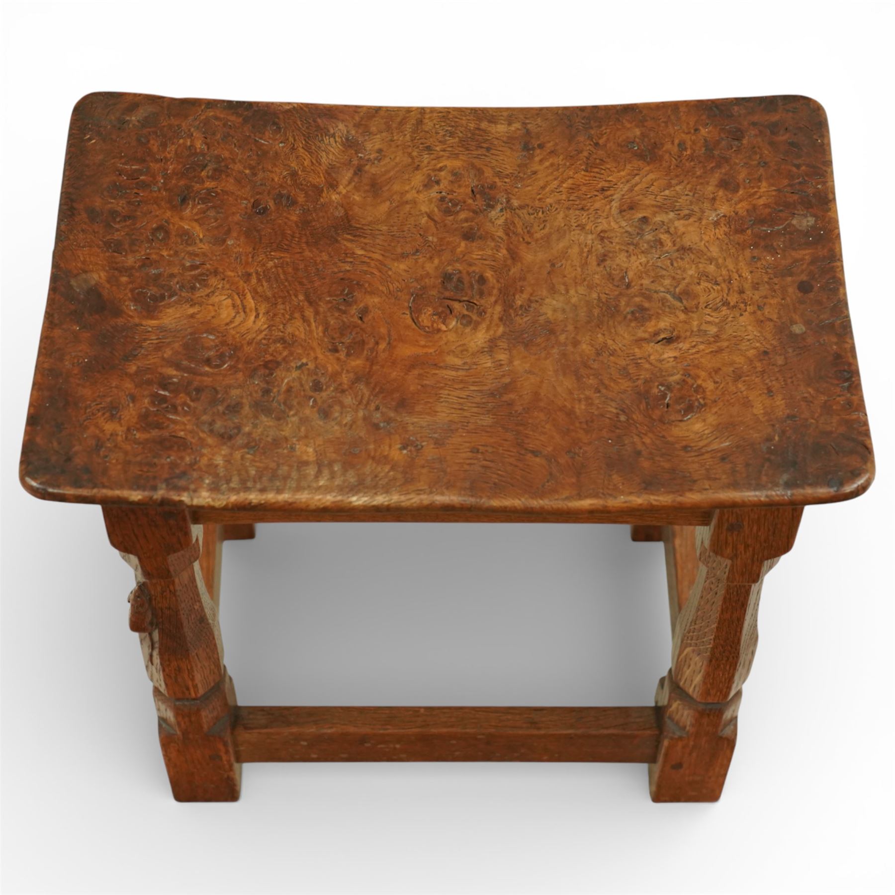 Mouseman - circa 1927 burr oak joint stool, with dished top, on chamfered octagonal supports, with  carved mouse signature, by Robert Thompson of Kilburn