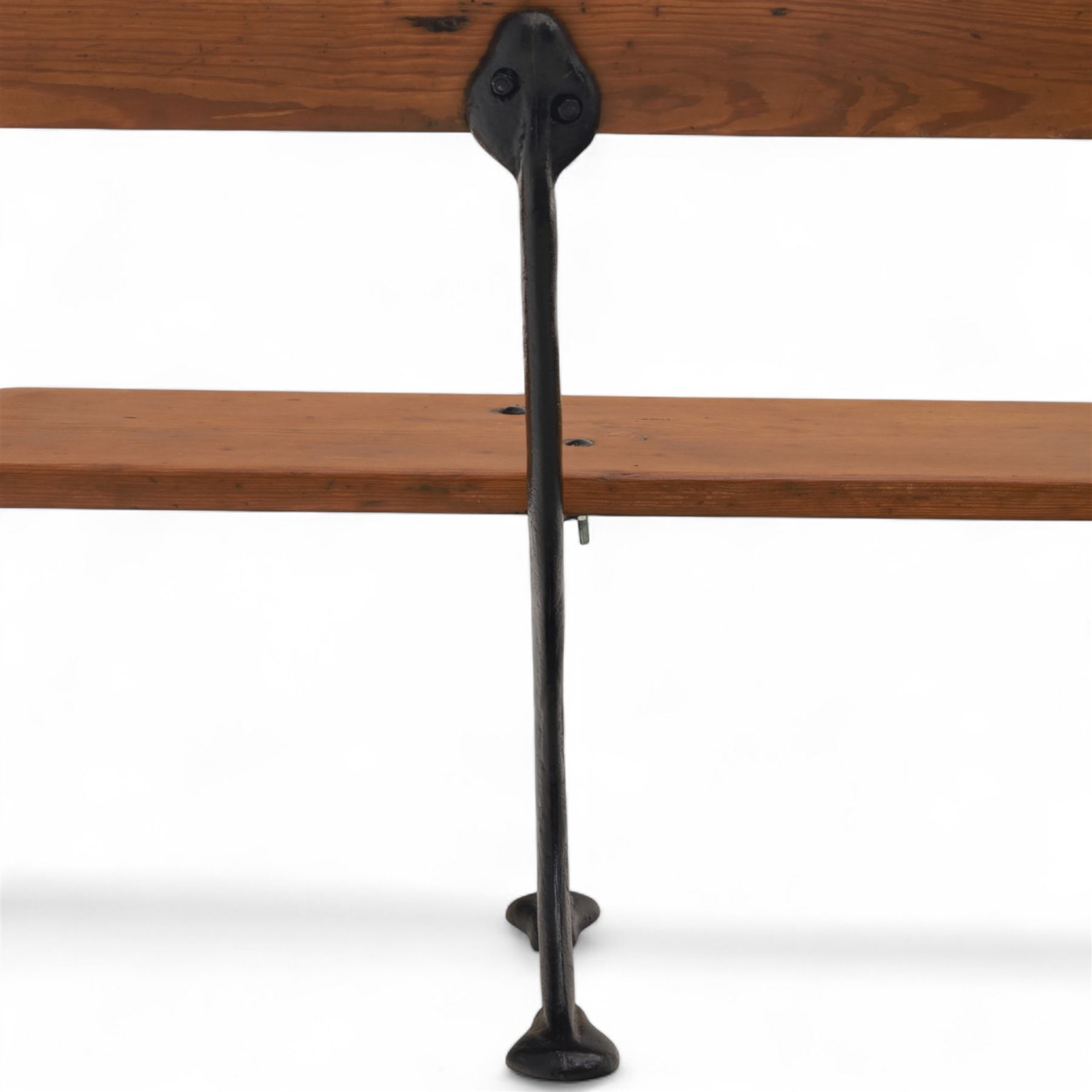 Pine garden bench, with stained and weatherproof varnish, single slat pine seat and back, raised on curved black cast iron supports