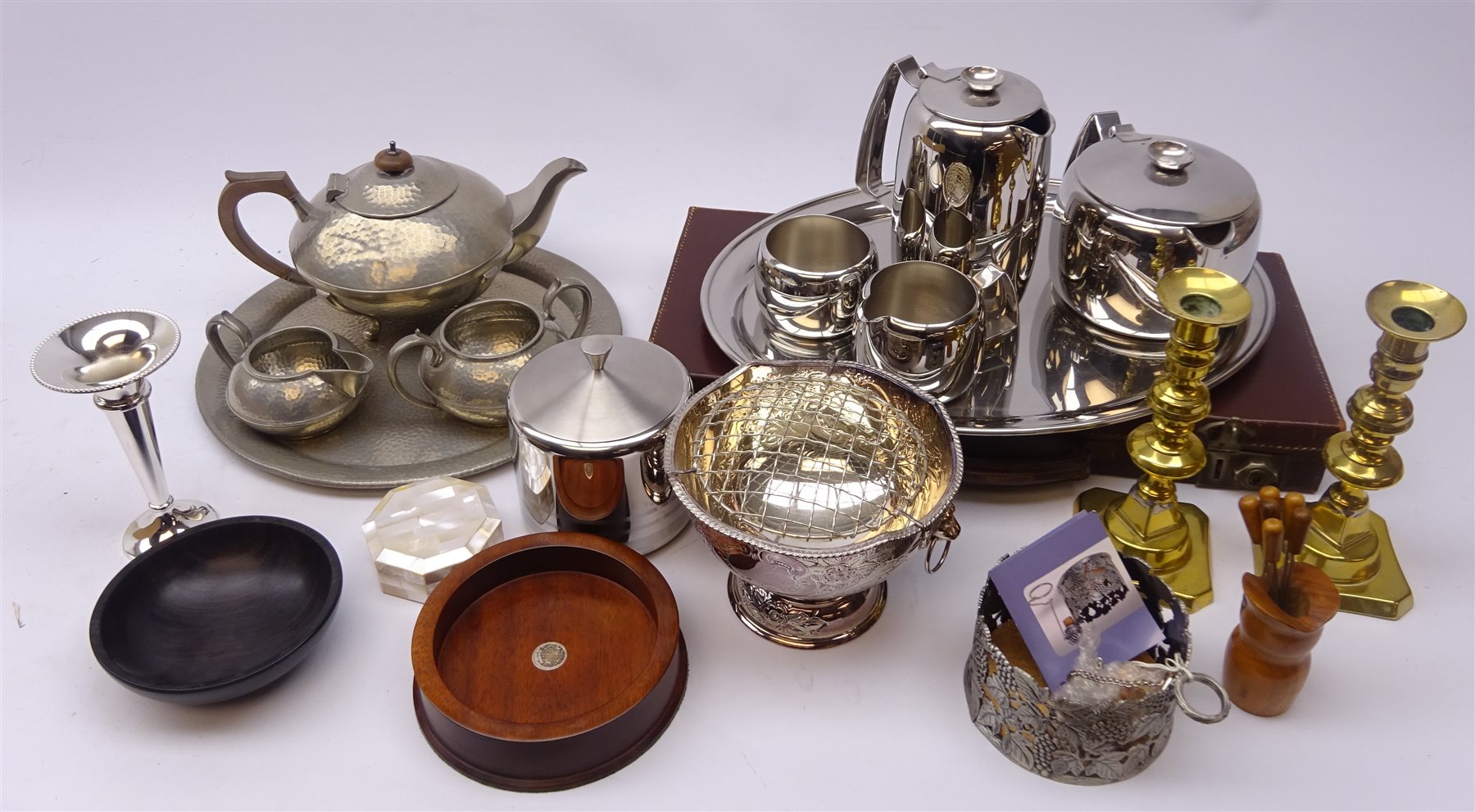 Silver inset turned mahogany coaster, turned ebony bowl, matched