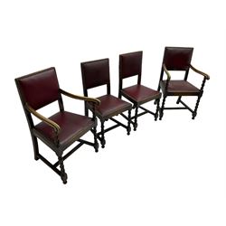 Set four early 20th century oak barley twist dining chairs, upholstered in burgundy leather with stud work, two carvers and two side chairs