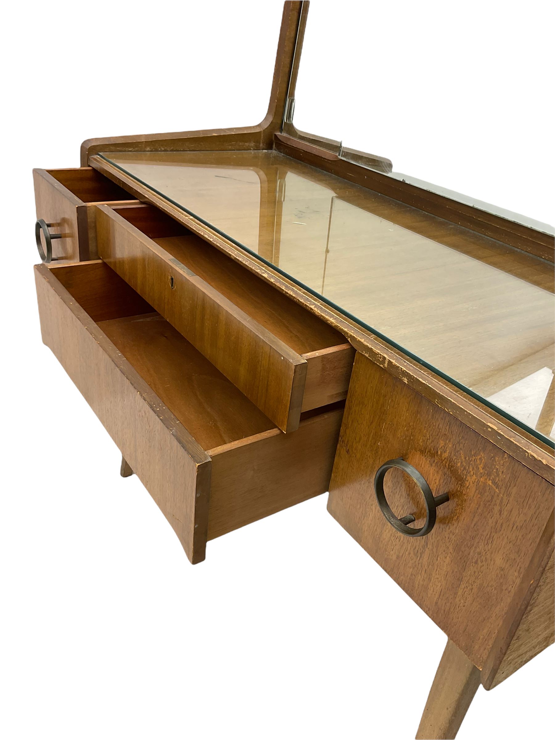 Retro sapele mahogany dressing table with sliding mirror compartments, and matching tallboy