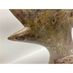 Goniatite sculpture, displaying two Goniatites within a polished and shaped matrix, age; Devonian period, H56cm