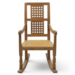 Mouseman - oak rocking chair, high lattice back, carved Mouse signature, by Robert Thompson's of Kilburn