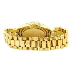 Rolex Oyster Perpetual Day-Date gentleman's 18ct gold automatic wristwatch, circa 1970, Ref. 1803, serial No. 2492514, champagne dial with after market diamond dot hour markers and diamond set bezel, on 18ct gold President bracelet, with fold-over clasp, boxed