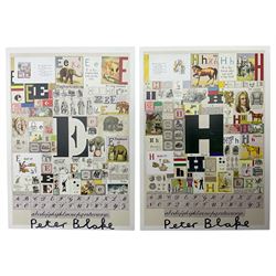 Peter Blake (British 1932-): 'H' and 'E' Postcards from 'An Alphabet' series, signed; together with two posters 'Peter Blake - Sculpture and Other Matters' and 'Under Milk Wood', and a 'Books are my Bag' tote bag (5)