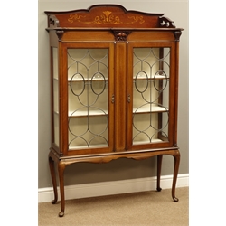  Edwardian inlaid mahogany display cabinet, raised shaped back inlaid with scrolls, ribbons and trailing husks, enclosed by two lead glazed doors, shaped apron, cabriole supports, W108cm, H165cm, D43cm  