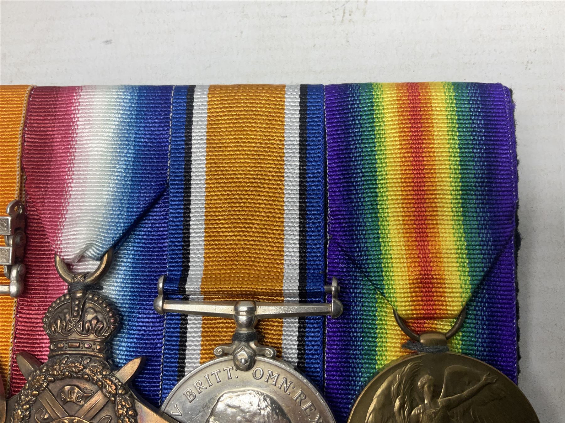 Boer War/WW1 group of five medals comprising Queens South Africa Medal with Transvaal clasp and Kings South Africa Medal with two clasps for South Africa 1901 & 1902 awarded to  2269 Pte. G. Thompson K.R.R.C.; together with British War Medal, 1914 Star and Victory Medal awarded to 6683 Pte. G.H. Thompson 3-HRS.; all with ribbons mounted for display on card; together with copy death certificate following discharge due to being physically unfit and other biographical photocopies.
