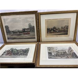 After James Pollard (British 1792-1862): 'The Taglioni Windsor Coach'; 'Royal Mail Coach'; 'The Royal Mails Preparing to Start' and 'The Unicorn Norwich Coach', set four 19th coloured engravings pub. 1824-1837 max 43cm x 59cm (4)