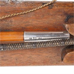 Callow & Son - 19th century travelling coaching whip, the two part yew wood shaft, with silver collars and butt end, hallmarked U & T Walker, London, with leather handle, upon a Callow & Son mount, whip L166cm 