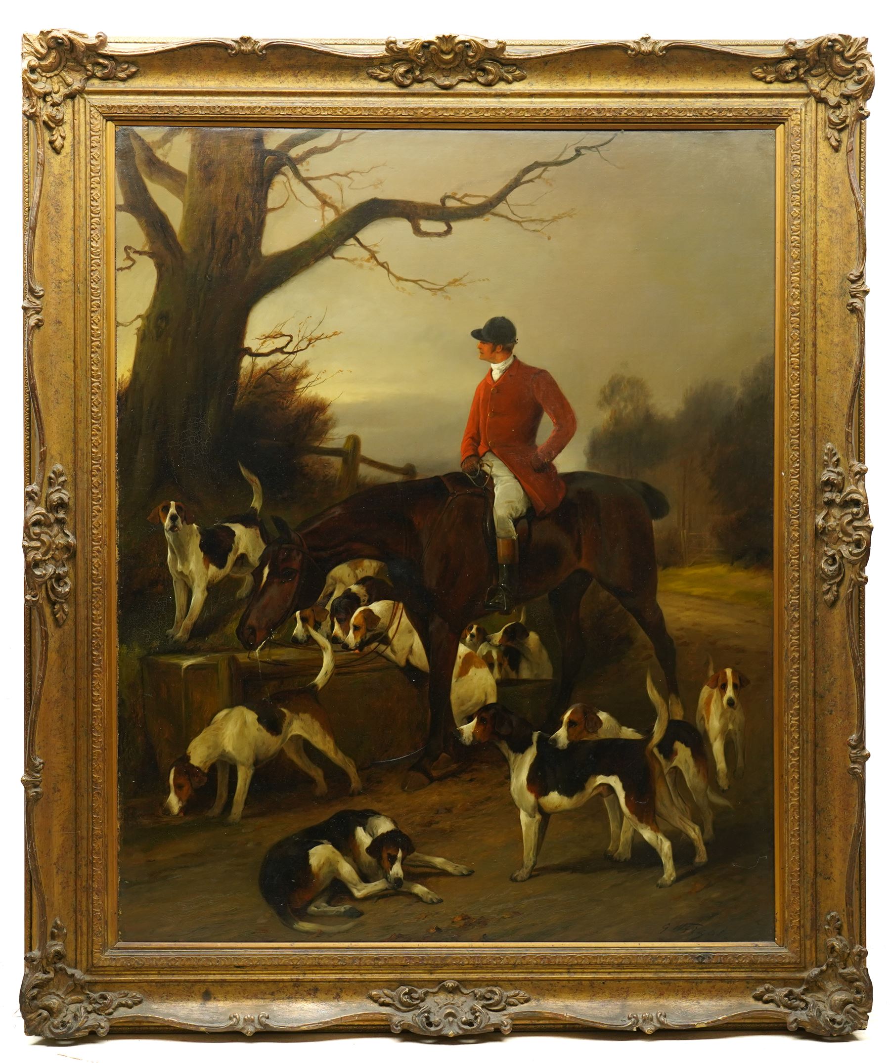 George Wright (British 1860-1942): The Calm Before the Chase - Huntsman and Hounds at the Water Trough, oil on canvas signed 75cm x 60cm