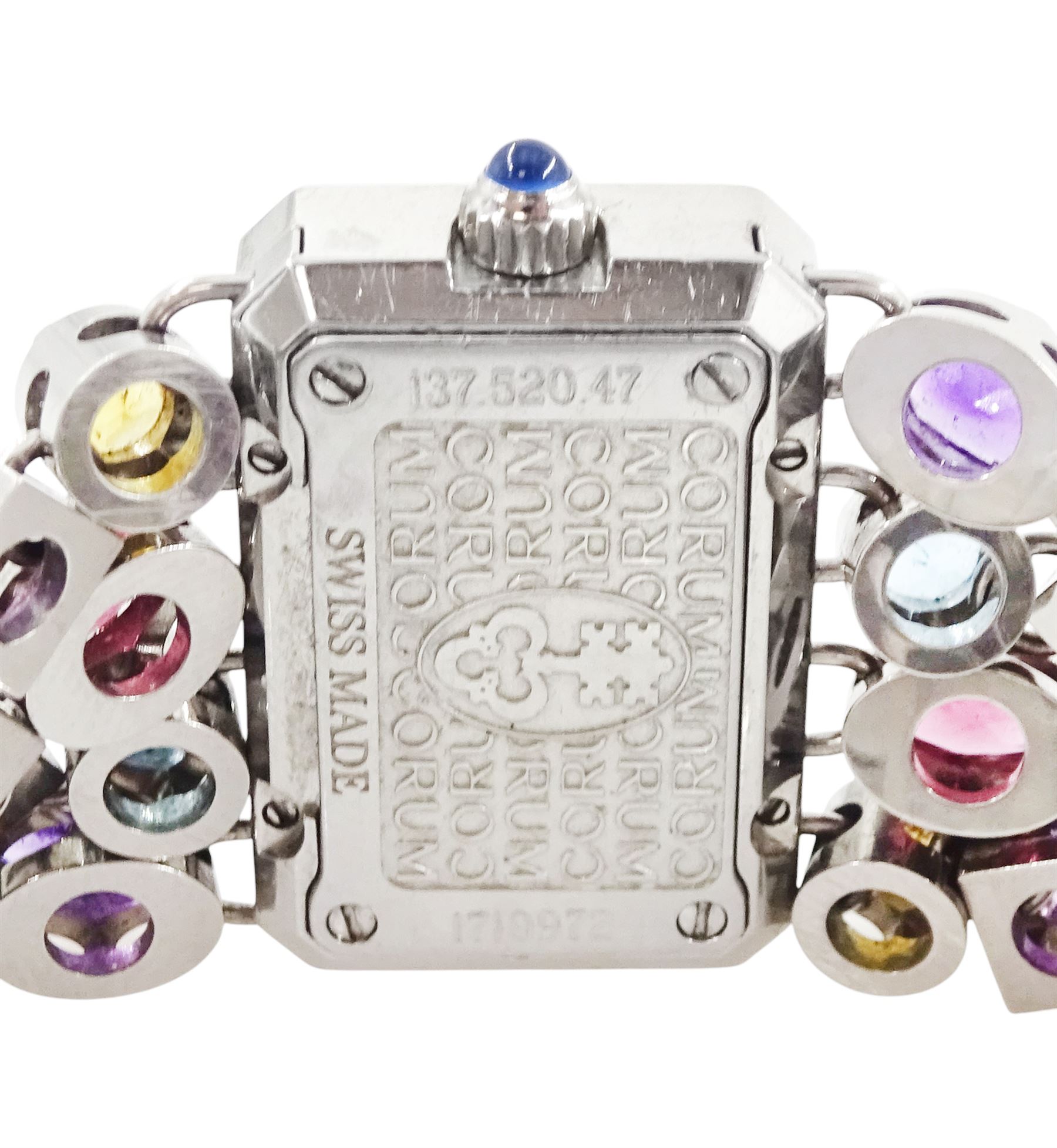 Corum Potpourri ladies stainless steel multi gemstone set quartz wristwatch, Ref. 137.520.47, serial No. 1710972, pink mother of pearl dial, diamond set bezel, on a multi gemstone set bracelet