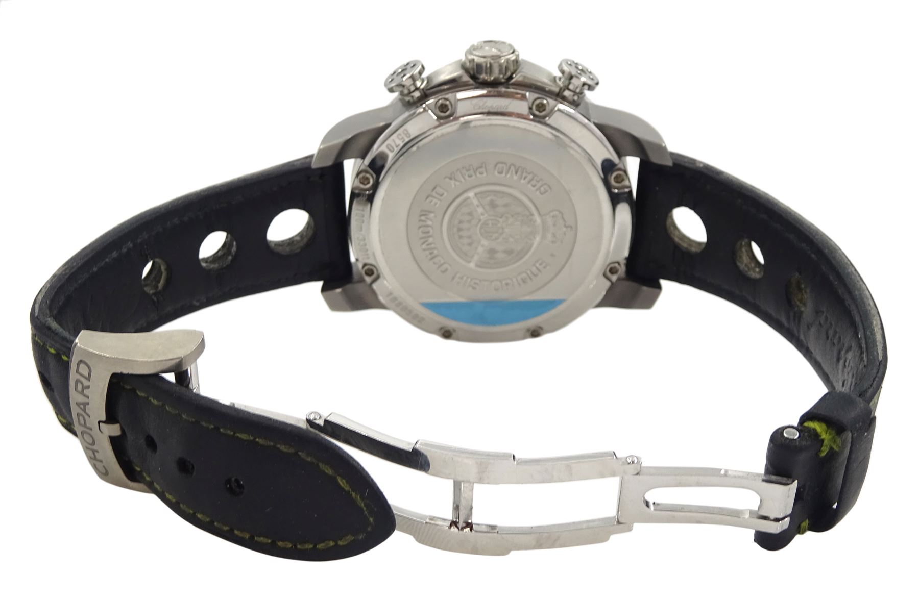 Chopard Grand Prix de Monaco Historique gentleman's stainless steel and titanium automatic chronograph wristwatch, Ref. 8570, on original black leather strap, with fold-over clasp, boxed with original receipt dated 2014 and service receipt dated 2022