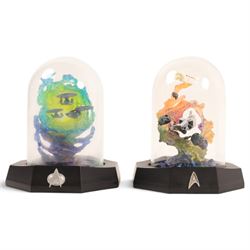Franklin Mint limited edition Star Trek collectables, comprising seven miniature dioramas under display domes, The USS Enterprise Bold New Millennium large collectors plate, Crystal Edition Galaxy collectors plate and a talking series collectors plate