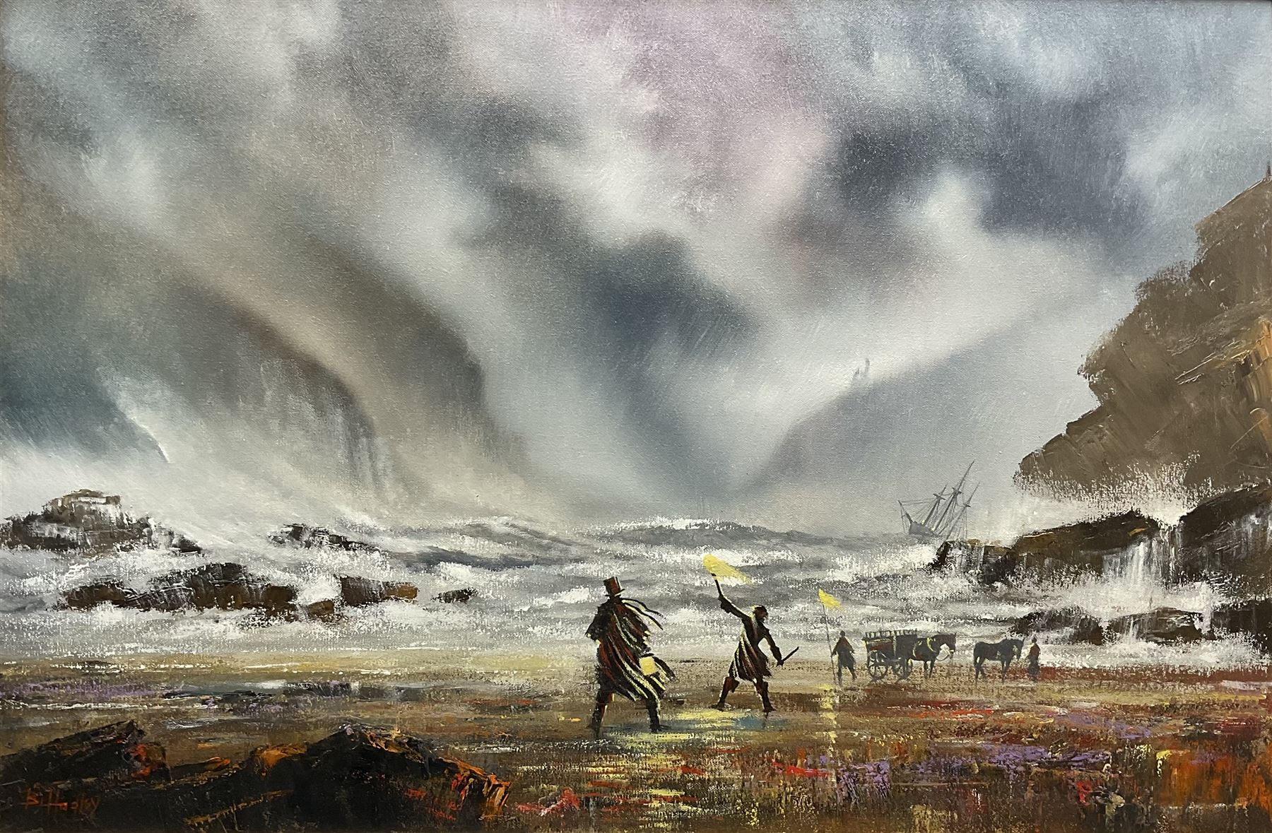 B Hadley? (British 20th century): Stormy Seas, oil on canvas indistinctly signed 50cm x 75cm 
Provenance: with the Penny Hedge Gallery Whitby, label verso