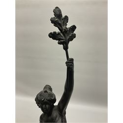 Pair of spelter figures, Le Force and Le Pouvoir, modeled as figures standing on lions, arms held aloft, H51cm 