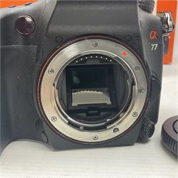Sony Alpha A700 camera body, serial no 2340937, Sony Alpha A77 camera body, serial no 0715406, together with Sony angle finder and two firm holding grips, all with original boxes  