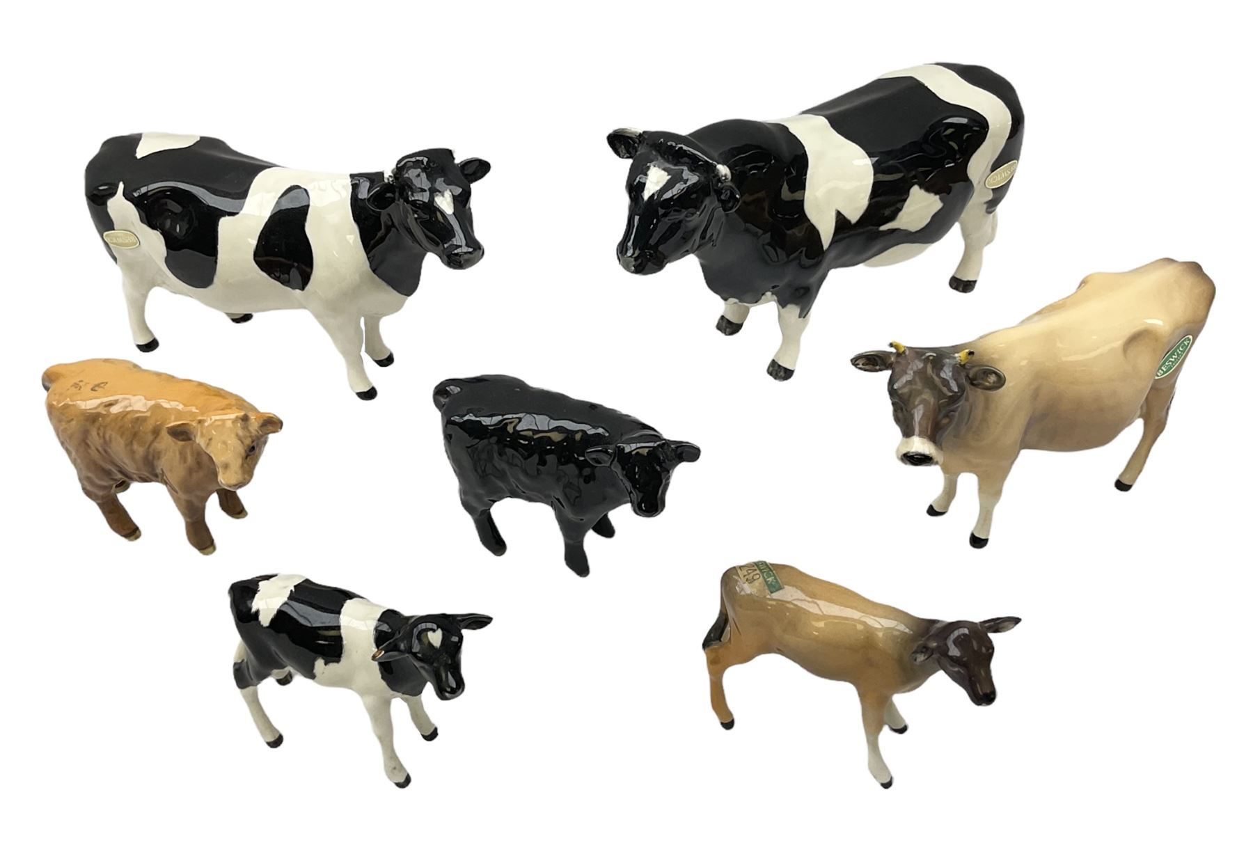 Seven Beswick cow figures, to include Friesian bull Ch. ''Coddington Hilt Bar'' no. 1439a, Friesian cow Ch. 'Claybury Leegwater' no. 1362a and Friesian calf no. 1249C, Aberdeen Angus calf 1827a, Jersey cow no. 1345 etc, all with printed mark beneath  