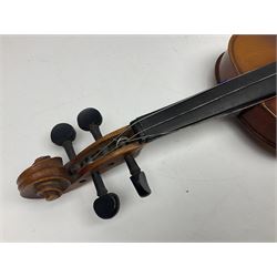 Saxony (?) violin c1950 with 36cm two-piece maple back and ribs and spruce top; bears label 'The Maidstone School Orchestra Association' L59cm overall; and 1950s Czechoslovakian violin for restoration; both in carrying cases (2)