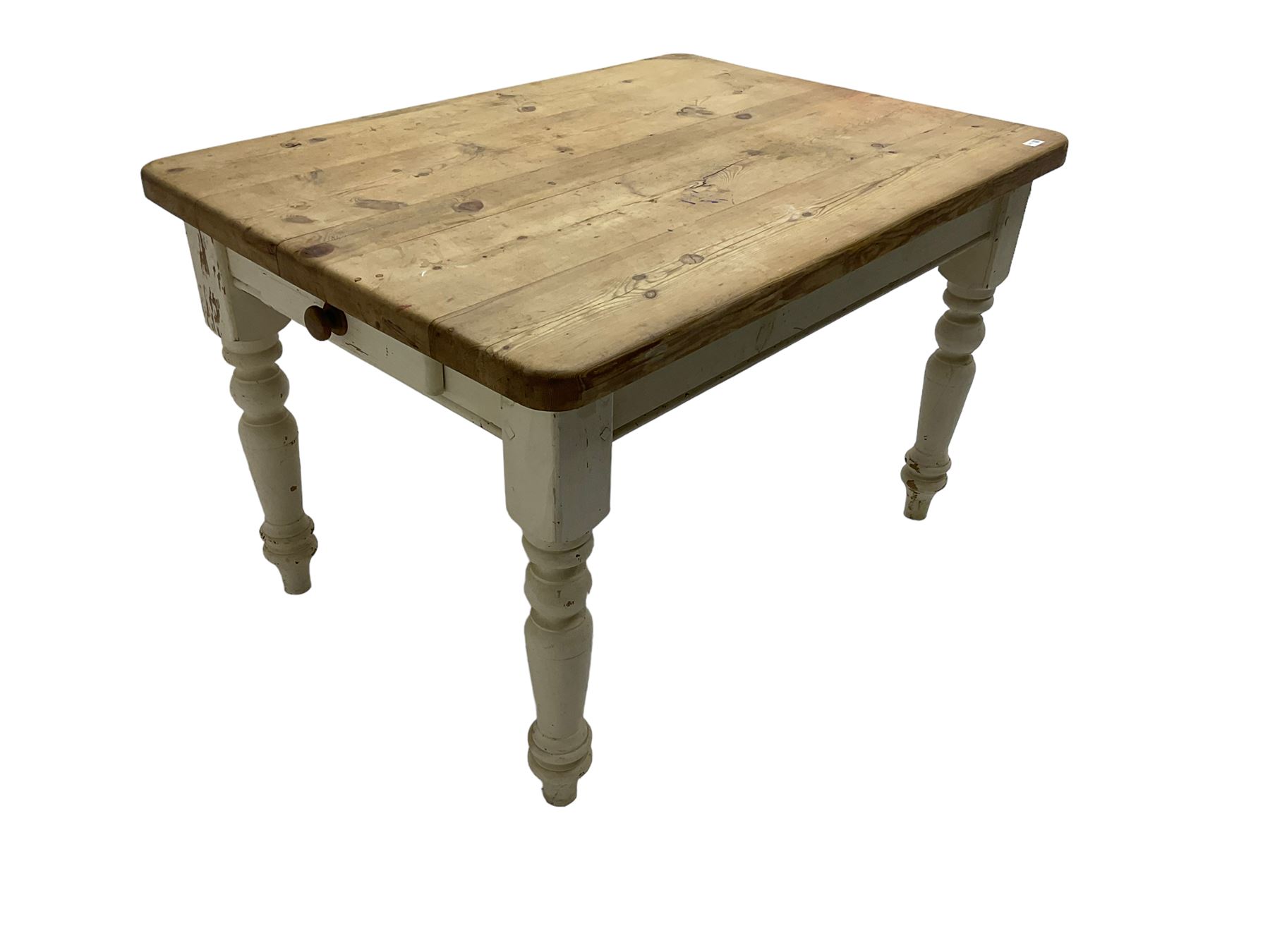 Traditional pine kitchen table with white painted base, rectangular top over single drawer, raised on turned supports