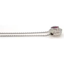  White gold rub-over oval ruby and diamond, cluster pendant necklace stamped 18K, ruby approx 1.5 carat  