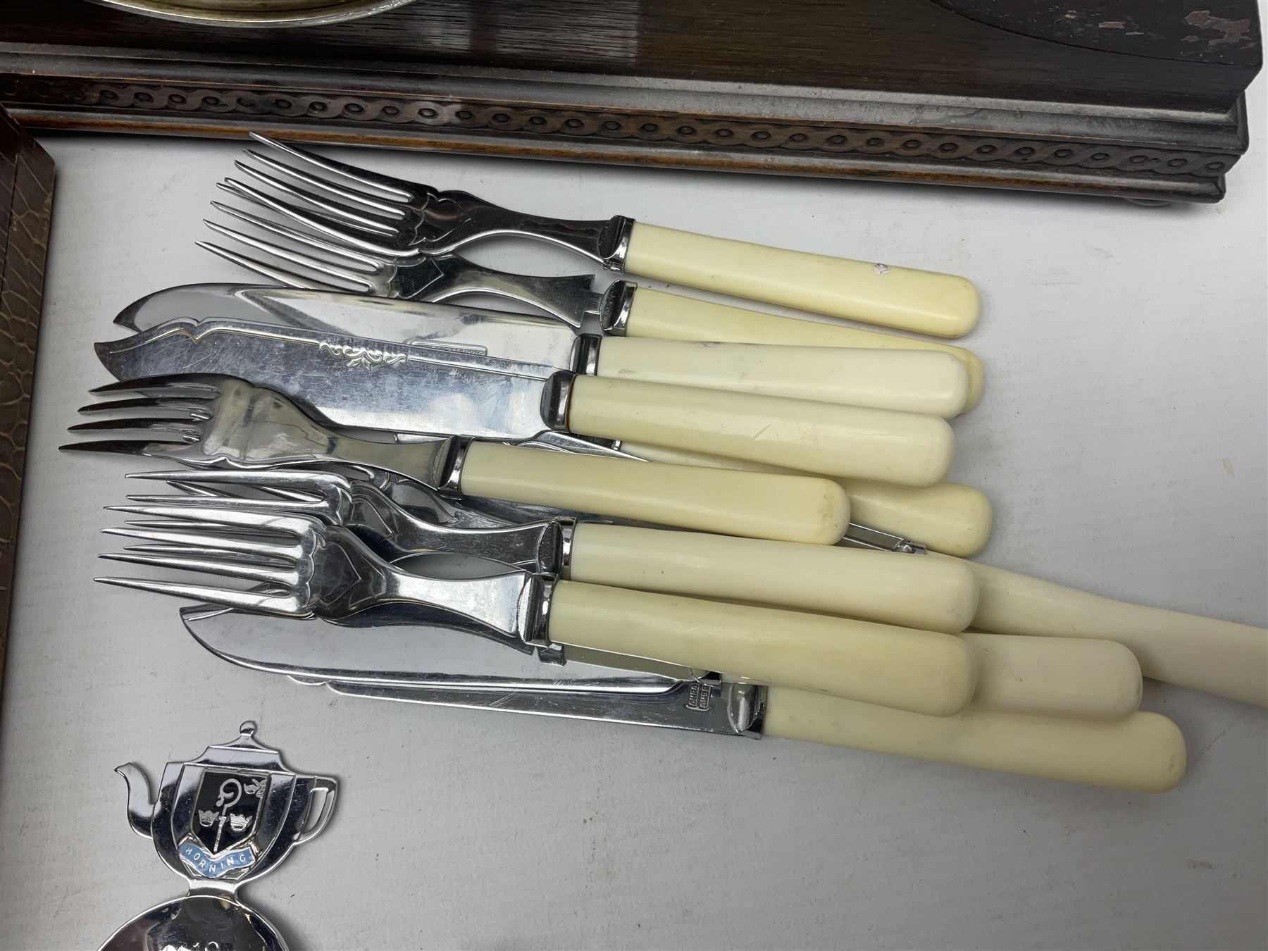 Mid 20th century cigarette box in the form of a gondola, the faux tortoiseshell with mother of pearl inlay (a/f), cased mantel clock with silvered numerical dial, oak lidded tea jar caddy, oak box, silver-plate cutlery, quantity of records, Smith's empire miniature clock, stamps etc