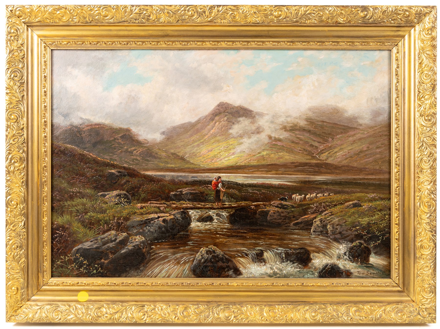 Tom Seymour (British 1840-1904): Shepherdess Carrying Infant on Her Back - Glenmuick, oil on canvas signed 40cm x 59cm