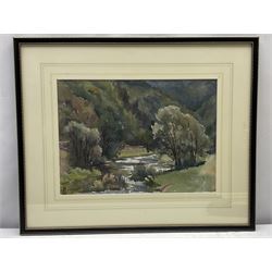 George Richard Lane Fox (1st Baron Bingley) (British 1870-1947): 'The Lake at Wothersome', watercolour unsigned, labelled verso 13cm x 22cm; Joan Ridout (British 20th century): 'Thorn Trees on Dartmouth', watercolour signed 22cm x 32cm; English School (20th century): Tree Landscape, watercolour signed with monogram 25cm x 35cm (3)