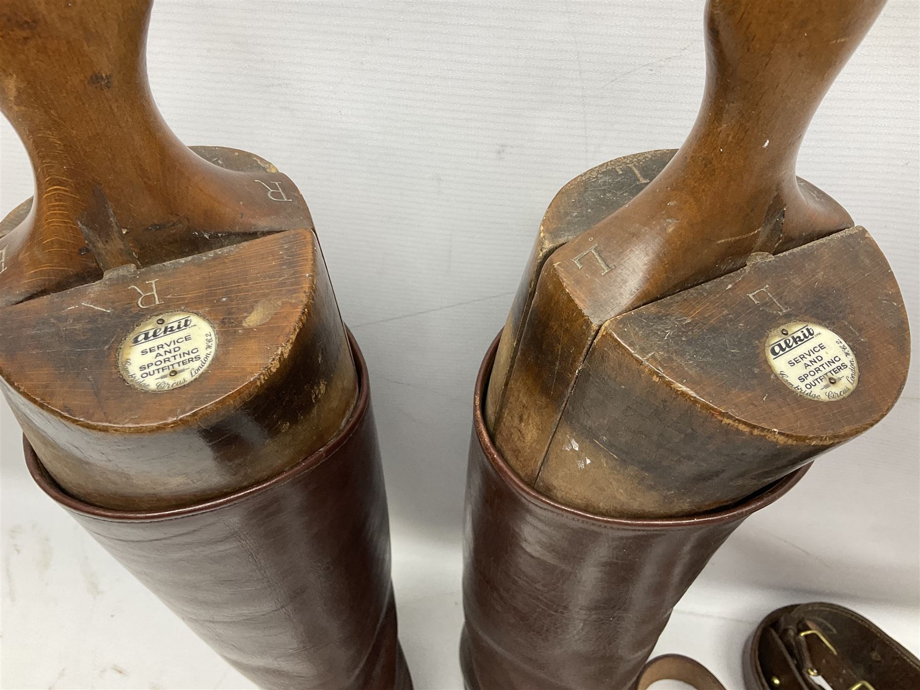Pair of WW1 style Army Officer's brown leather full leg riding boots with Alkit four-piece wooden boot trees; and two officer's Sam Browne leather belts with cross-straps, one with sword frog (4)