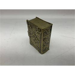 Collection of victorian and later brass desk accessories, to include a letter holder with cherub design, ink well of square form with hinged lid, brass table bell, brass casket with relief decoration, etc  