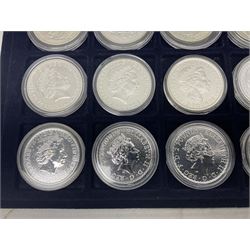 Twenty-four Queen Elizabeth II Britannia one ounce fine silver two pound coins, dated 1998, 1999, 2000, 2001, 2002, 2003, 2004, 2005, 2006, 2007, 2008, 2009, 2010, 2011, 2012, 2013, two 2014, 2015, 2016, 2017, 2018, 2019 and 2020 (24), housed on a coin tray