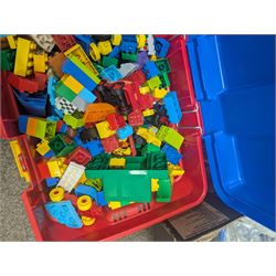 Box of loose Lego Duplo bricks, vehicles and figures