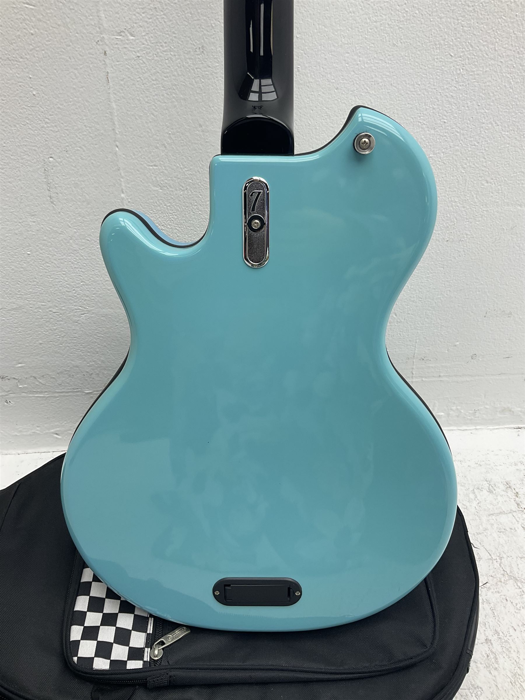 Italia Mondial electric guitar in blue with independent pick-ups, serial no.150066 L100cm; in original Italia carrying case 