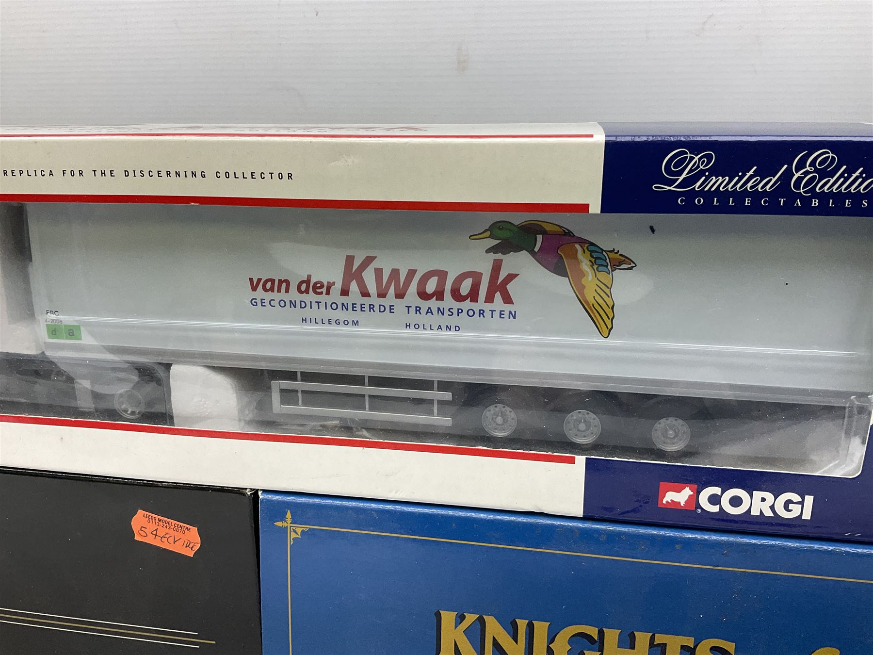 Three Corgi 1:50 scale lorries - Gold Star Special ERF EC Petrol Tanker - BP No.CC11907; limited edition Knights of Old 50th Anniversary 1953-2003 Scania Topline Curtainside No.12911; and limited edition Volvo FH Fridge Trailer - Van der Kwaak No.CC12419; all boxed (3)