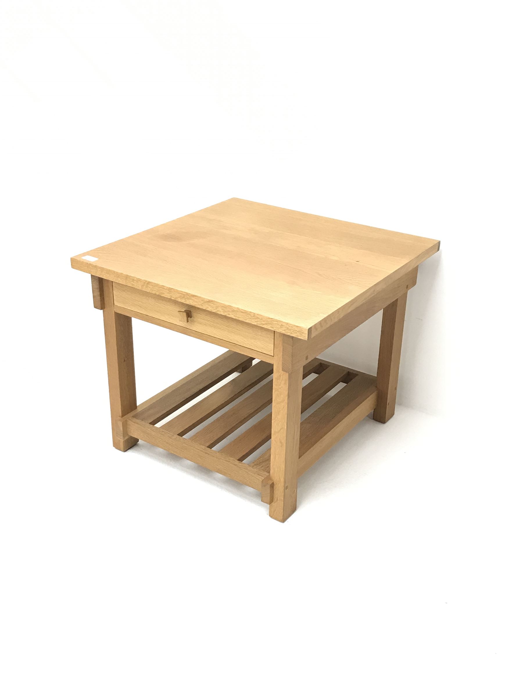 Light oak square coffee table, one drawer, joined with undertier, stile