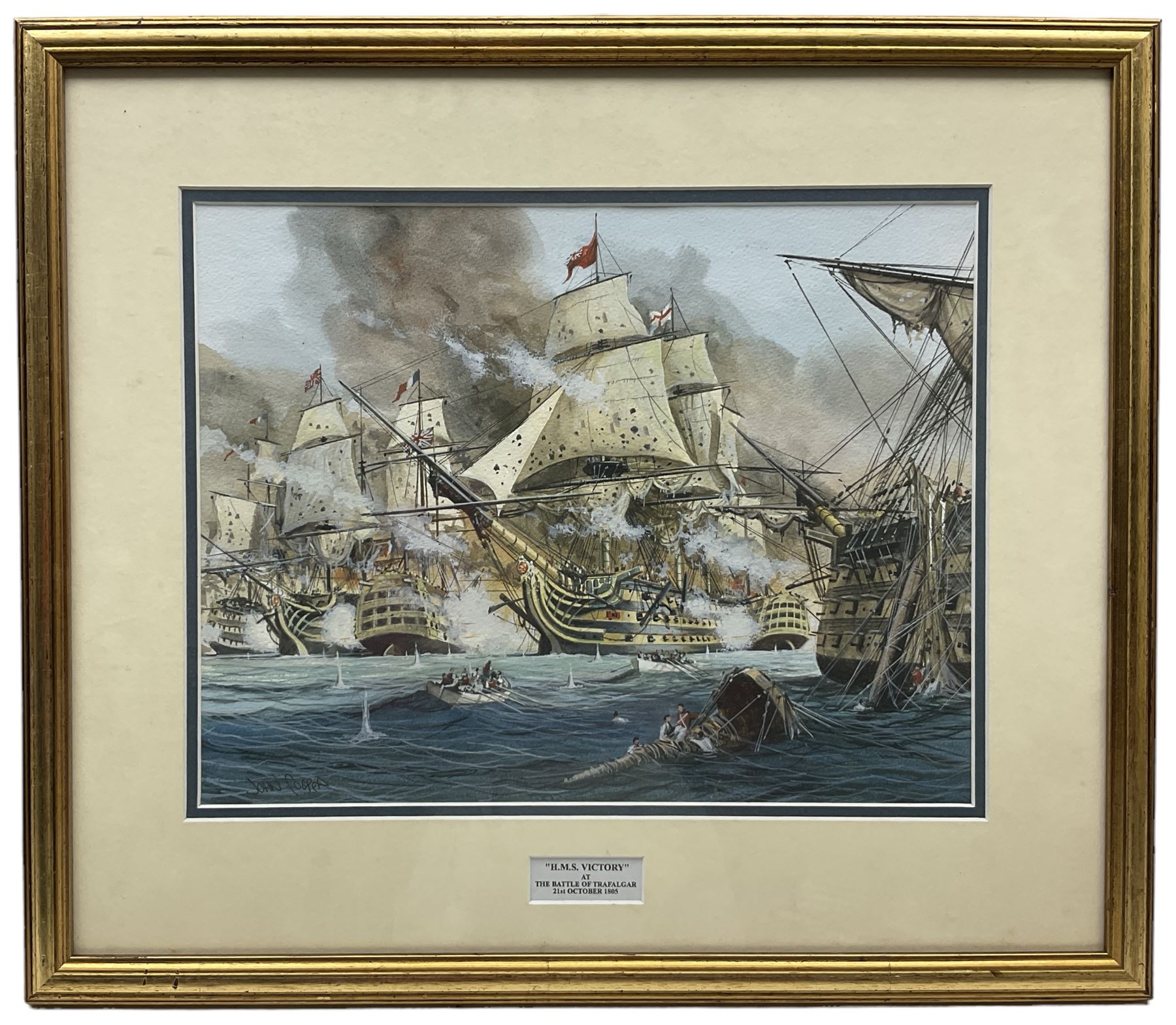 John Cooper (British 1942-): 'HMS Victory at the Battle of Trafalgar 21st October 1805',  watercolour signed, titled on the mount 27cm x 35cm