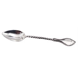 Small 1930's christening mug, of slightly tapering plain form, with C handle, upon circular spreading foot, hallmarked Barker Brothers Silver Ltd, Birmingham 1936, together with a set of twelve Dutch silver coffee spoons, with twist handles, impressed with GZ for Johannes Albertus Adolf Gerritsen and sword mark to bowls and five other silver spoons, each with varying designs and hallmarks, approximate total weight 7.42 ozt (230.5 grams)