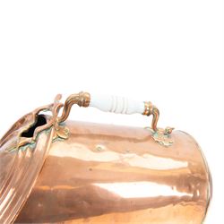 Pair of 19th century copper coal scuttles, of circular form raised on a circular stepped foot with hinged cover, H44cm, L50cm