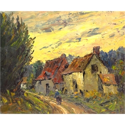 Remy Esteve (French 1917-2005): Country Lane with Cottages, oil on canvas signed 46cm x 55cm