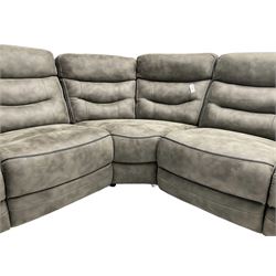 Large contemporary reclining corner sofa, upholstered in gunmetal grey faux suede fabric with black piping