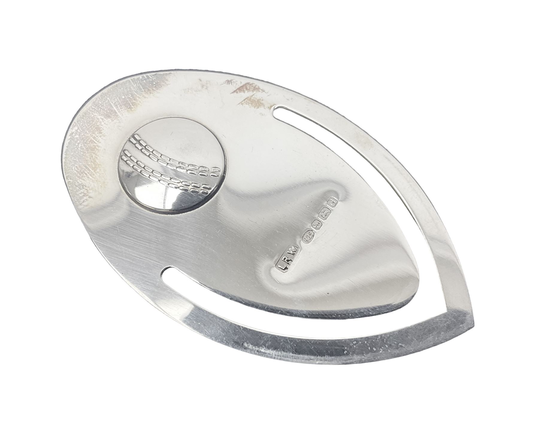 Modern silver bookmark, embossed with cricket ball, hallmarked Laurence R Watson & Co, Birmingham 2003, H6cm, boxed 