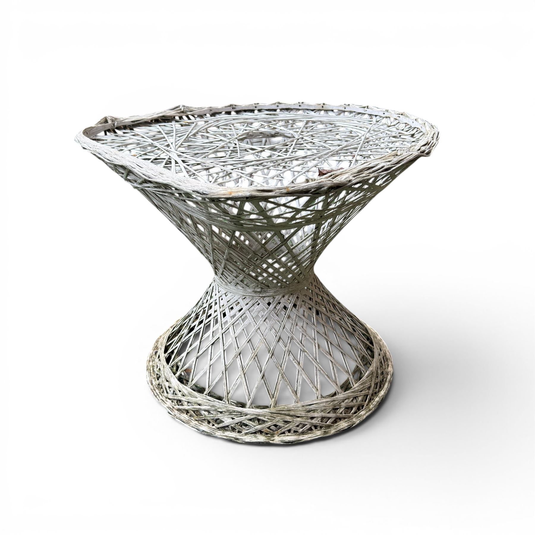 Two French early 20th century painted wicker octagonal garden tables, circular pedestals with parasol opening; with matching side table (3)