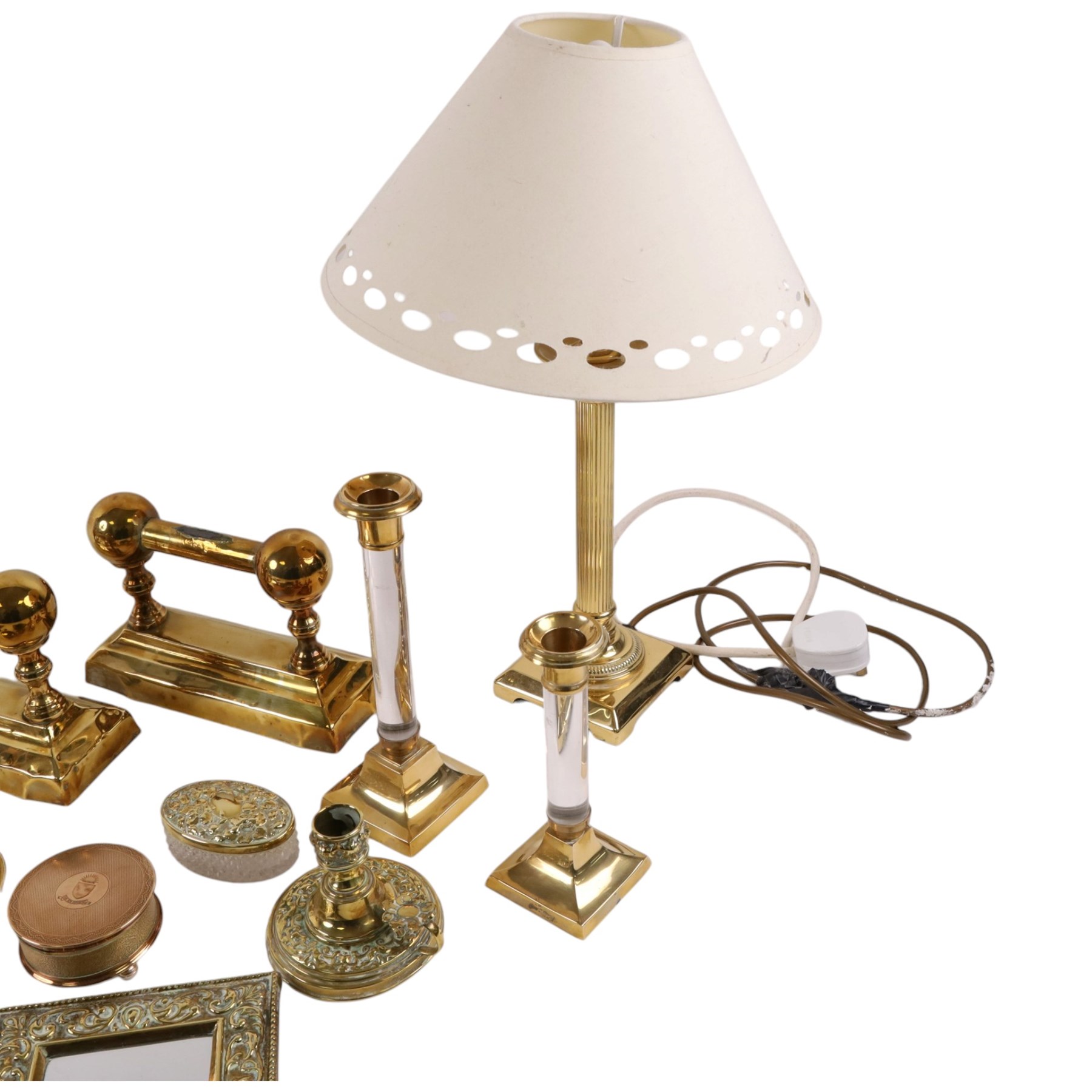 Collection of brassware, including Corinthian column table lamp, candelabra, candlesticks etc 