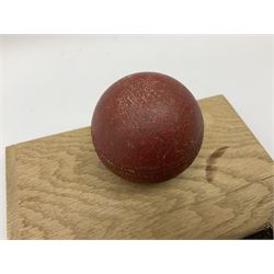 Raich Carter - early school cricket trophy of a cricket ball mounted on an oak base with white metal plaque inscribed 'Swan Cup Final/July 1927/Hendon v Jas.Wms.St/Scores/Hendon 189 for 2 wickets/Jas.Wms.St 55/Carter 111 runs (not out) Four wickets for 21 runs/Hendon School Souvenir/from his Head master G.F. Park' L20cm. Provenance: By direct descent from the family of Raich Carter having been consigned by his daughter Jane Carter.
