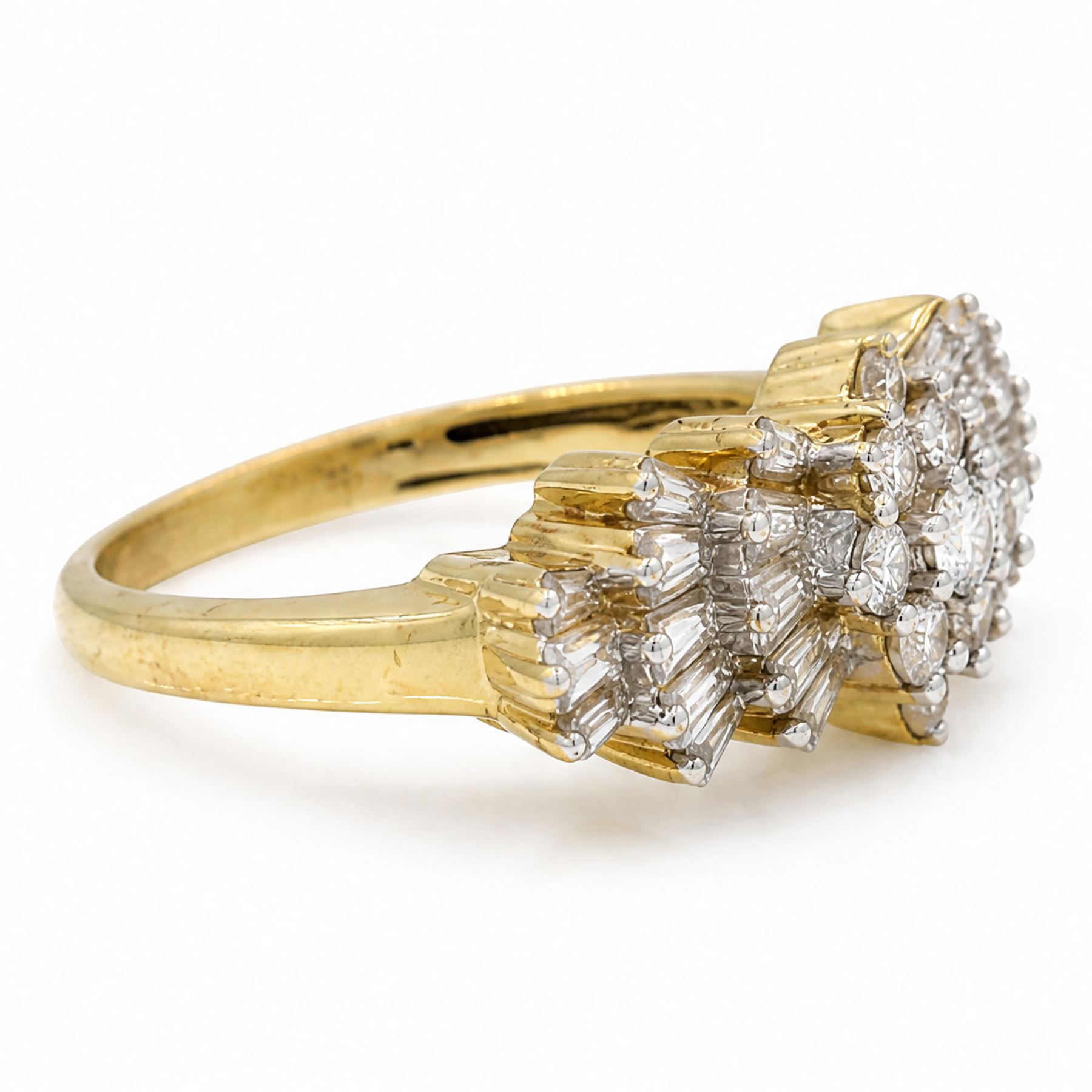 Iliana 18ct gold diamond Ballerina ring, nine round brilliant cut marquise set diamonds, with three rows of tapered baguette cut diamonds set either side, stamped, total diamond weight 1.00 carat