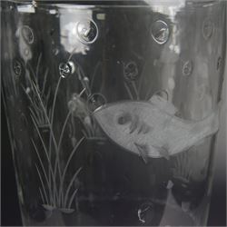 David Hammond for Thomas Webb, glass fish vase, with  air bubble inclusions, etched and engraved with a fish, marked beneath, H30cm